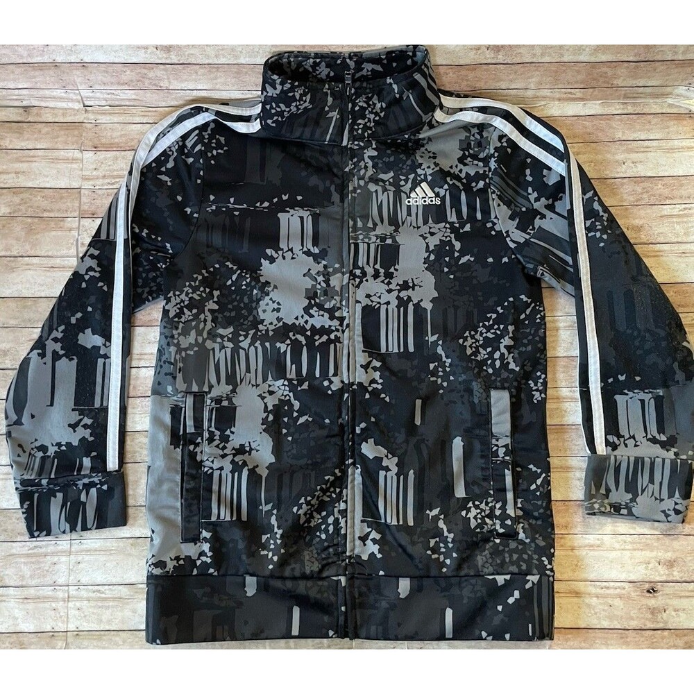 Adidas Track Jacket Youth Size 7 Gray Camo Full Zip Lightweight Lined Shirt